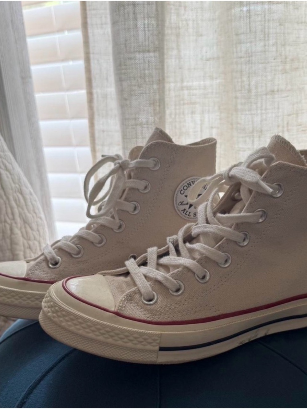 Converse High Top Sneakers in Beige with Red Stripe